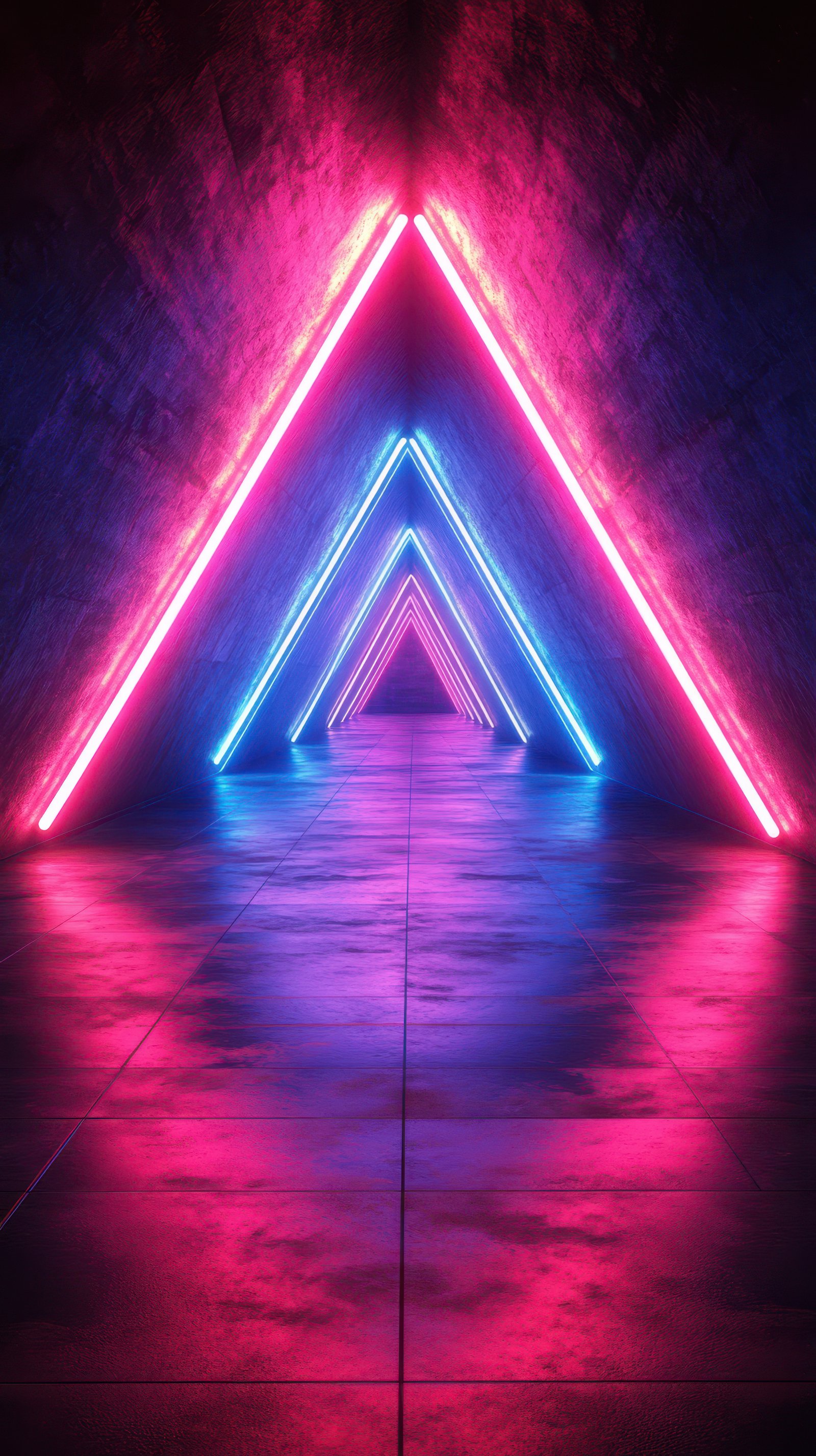 Vibrant neon triangles create an immersive atmosphere in a dark corridor